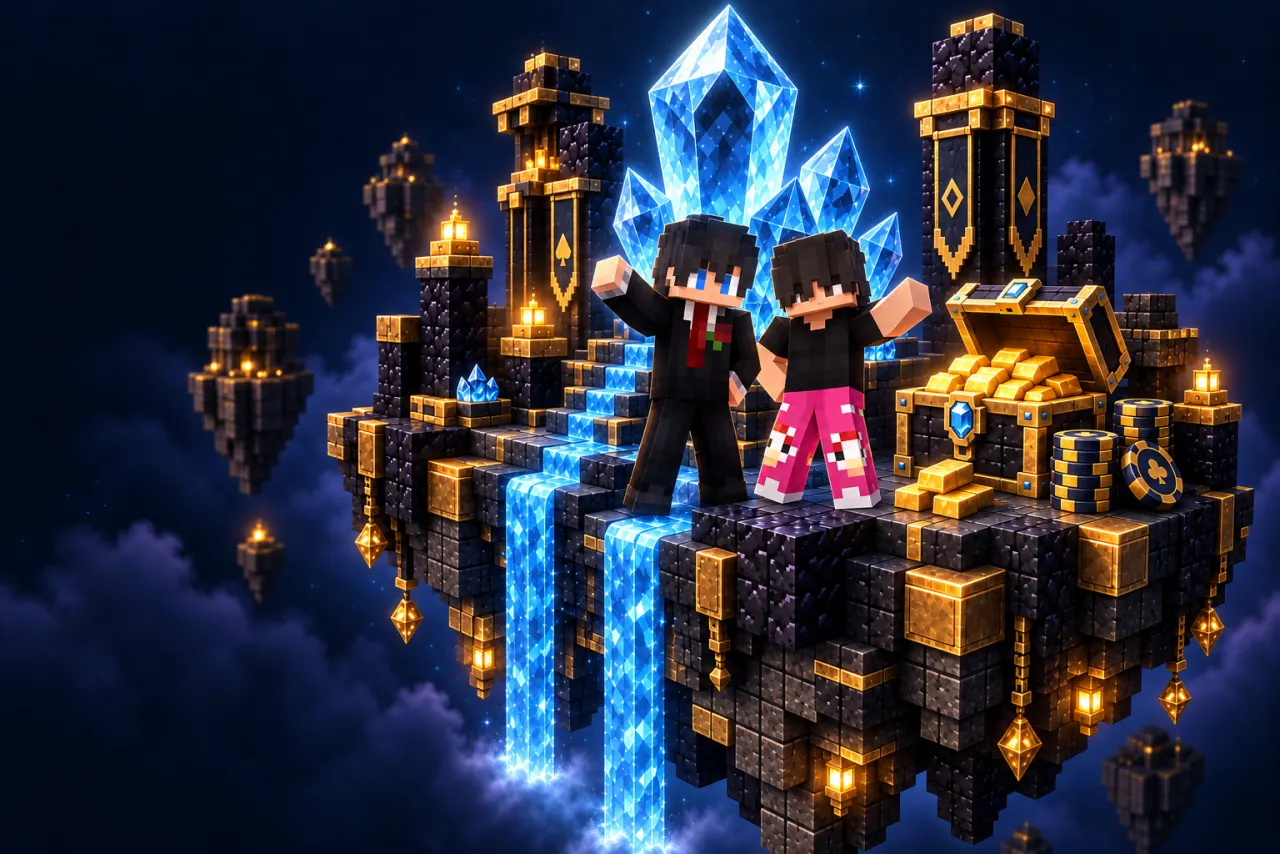AutistenToni im schwarzen Anzug und MrTxqqle in pinker Hose auf einer Minecraft-Casino-Insel mit blauen Diamanten und goldenen Spielchips